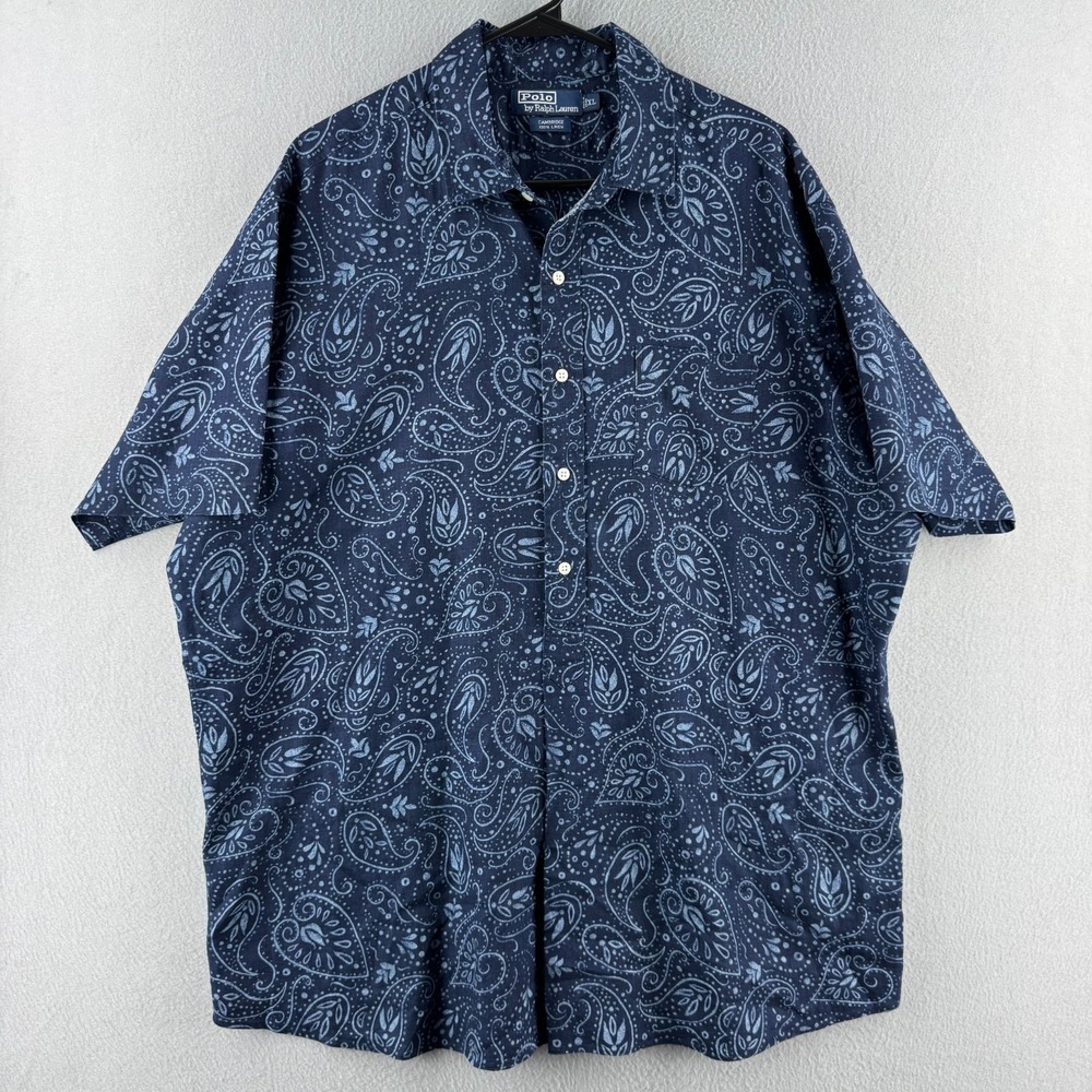 Vintage Polo Ralph Lauren Shirt Mens XL Blue Paisley 100% Linen Pullover Button